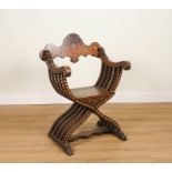 AN ITALIAN SAVONAROLA WALNUT BONE INLAID ARMCHAIR