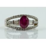 A WHITE GOLD, RUBY AND DIAMOND RING