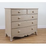 A 19TH CENTURY LATER GREY PAINTED FAUX BAMBOO MOUNTED BOW-FRONT FIVE DRAWER CHEST