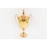 A 14CT GOLD 1961 DERBY STAKES TWIN HANDLED TROPHY CUP AND COVER