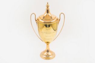 A 14CT GOLD 1961 DERBY STAKES TWIN HANDLED TROPHY CUP AND COVER