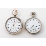 A SILVER J.W.B. POCKET WATCH AND CASE AND A SILVER OPENFACED POCKET WATCH AND KEY (2)