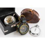 A PAPERWEIGHT CLOCK, A SMITHS STOP WATCH AND A 1937 FIELD COMPASS (3)