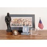A GROUP OF AMERICAN POLITICAL MEMORABILIA: INCLUDING A BRONZE PATINATED FIGURE OF WILL ROGERS...