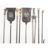 A SET THREE EDWARDIAN STEEL FIRE-TOOLS AND OTHERS (8)