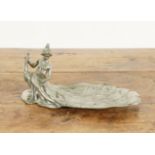 AN ART NOUVEAU PEWTER PEACOCK FEATHER FIGURAL DISH