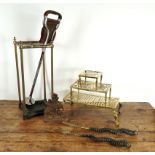 A GROUP OF FIRE PLACE FURNITURE INCLUDING THREE BRASS TRIVETS, A PAIR OF IMPALA HORN MOUNTED...