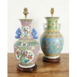TWO CHINESE FAMILLE ROSE CERAMIC VASE TABLE LAMPS (2)