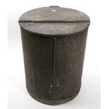 AN EARLY 20TH CENTURY CYLINDRICAL METAL HINGE TOP GRAIN BUCKET