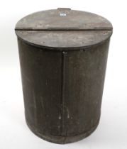 AN EARLY 20TH CENTURY CYLINDRICAL METAL HINGE TOP GRAIN BUCKET