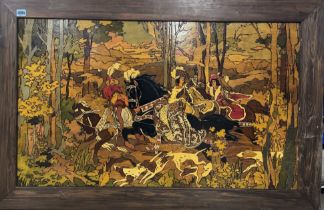 A PAIR OF LARGE MID 20TH CENTURY PYOGRAPHY PANELS DEPICTING HUNTING SCENES
