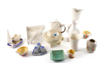 A GROUP OF MOSTLY MID 20TH CENTURY ART DECO STYLE DECORATIVE CERAMICS