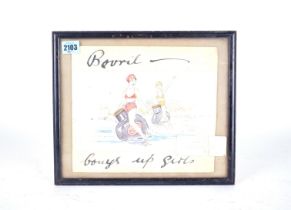 A MID 20TH CENTURY PEN AND WATERCOLOUR PICTURE DEPICTING LADIES RIDING BOVRIL BOTTLES IN THE SEA