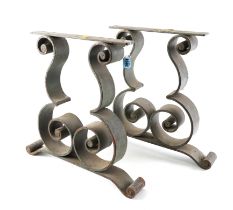 A PAIR OF MID 20TH CENTURY FAUX BRONZE WROUGHT IRON SCROLLING TABLE SUPPORTS