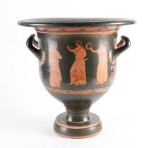 AN APULIAN RED FIGURE BELL-KRATER VASE ATTRIBUTED TO THE CIRCLE OF SNUB-NOSE PAINTER OR THE ‘H...