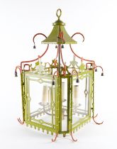 A GREEN DECORATED CHINOISERIE STYLE FOUR LIGHT TOLE LANTERN