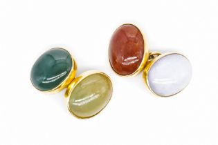 A PAIR OF GOLD AND VARICOLOURED HARDSTONE CUFFLINKS