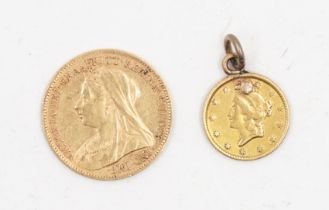 A VICTORIA OLD HEAD HALF SOVEREIGN AND A USA GOLD DOLLAR