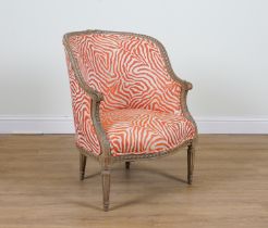 A LOUIS XVI STYLE GREY PAINTED TUB BACK ARM CHAIR