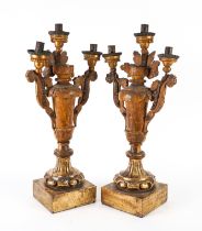 A PAIR OF ITALIAN SILVERED AND GILT WOOD THREE LIGHT CANDELABRA (2)