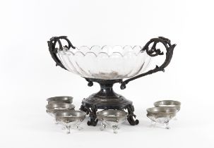 A FRENCH SILVER-PLATED MOUNTED GLASS DISHED CENTRE-PIECE (7)