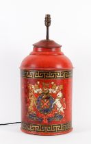 A RED PAINTED TOLE CANISTER TABLE LAMP