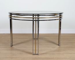 BG DESIGN; A CIRCULAR GLASS TOP CENTRE TABLE ON CHROME AND LACQUERED BRASS BASE