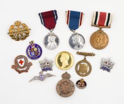 THREE MEDALS, A TRUNCHEON, A VICTORIAN SILVER AND ENAMELLED HALF CROWN PENDANT AND NINE...