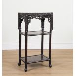 A 19TH CENTURY CHINESE EXPORT MARBLE TOPPED CARVED HARDWOOD JARDINERE STAND
