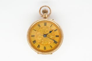 A 12CT GOLD CASED, KEYLESS WIND, OPENFACED LADY'S FOB WATCH