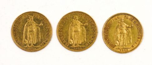 THREE HUNGARIAN GOLD TEN KORONA (3)