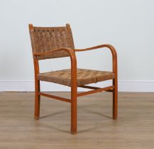 AXEL LARSSON FOR BODAFORS; A MID 20TH CENTURY SWEDISH BEECH FRAMED ROPE TWIST OPEN ARMCHAIR