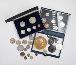 A COLLECTION OF COINS, THREE MEDALLIONS AND A MEDAL (QTY)