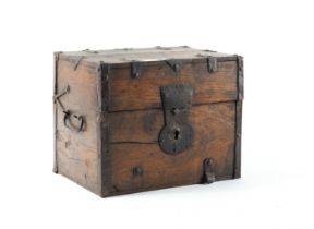 A 19TH CENTURY IRON BOUND OAK DECANTER BOX