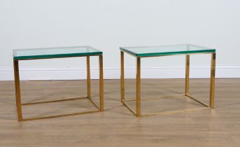 A PAIR OF MODERN BRASS AND GLASS RECTANGULAR SIDE TABLES (2)