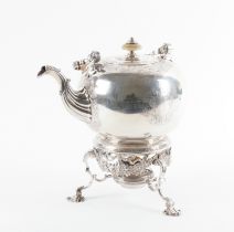 A GEORGE II SILVER TEA KETTLE, STAND AND SPIRIT BURNER