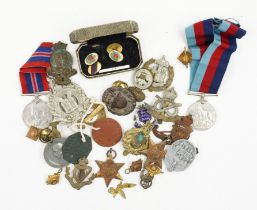 FOUR SECOND WORLD WAR MEDALS AND FURTHER MOSTLY MILITARY INSIGNIA (QTY)