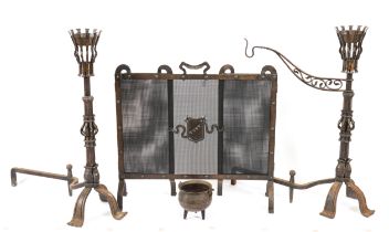 A WROUGHT-IRON SCREEN FENDER TOGETHER WITH A PAIR OF LARGE ARTS & CRAFTS STYLE WROUGHT-IRON...