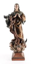 A SPANISH /PORTUGUESE CARVED WOOD POLYCHROME SCULPTURE OF THE IMMACULATE VIRGIN