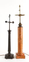 A FRENCH FAUX ROSSO VERONA MARBLE TOLE PIENTE COLUMN TABLE LAMP AND A BRONZE PATINATED FLUTED...