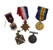 THREE GREAT WAR MEDALS AND TWO FURTHER ITEMS (5)