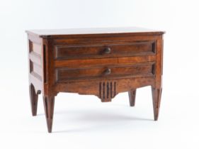A 19TH CENTURY FRENCH WALNUT MINIATURE TWO DRAWER COMMODE