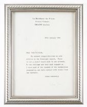 GREENE, Graham (1904-91). A typed letter, signed, dated 1984, stating, "Dear John Wilkins, My...