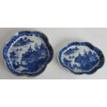 Two 18th century Chinese blue and white porcelain lobed dishes. Largest: 13cm. (2). Condition