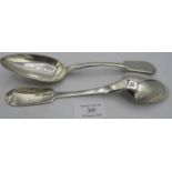 A pair of Russian silver fiddle pattern serving spoons. 5 troy oz/154 grams. Condition report: