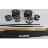 A Hardy Bros Marquis Salmon No 3 fishing reel, three additional spools and a Sage 16 foot graphite