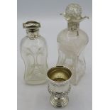 two small pinched glass bottles with silver collars (one with stopper missing. London 1896 and