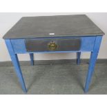 An upcycled 19th century side table, painted distressed blue and grey, the single drawer with