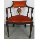 An Edwardian mahogany open-sided tub chair, with marquetry inlay and strung with satinwood,