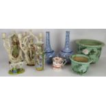 Mixed ceramics to include a pair of continental figural candlesticks, Chinese Famille rose vase,